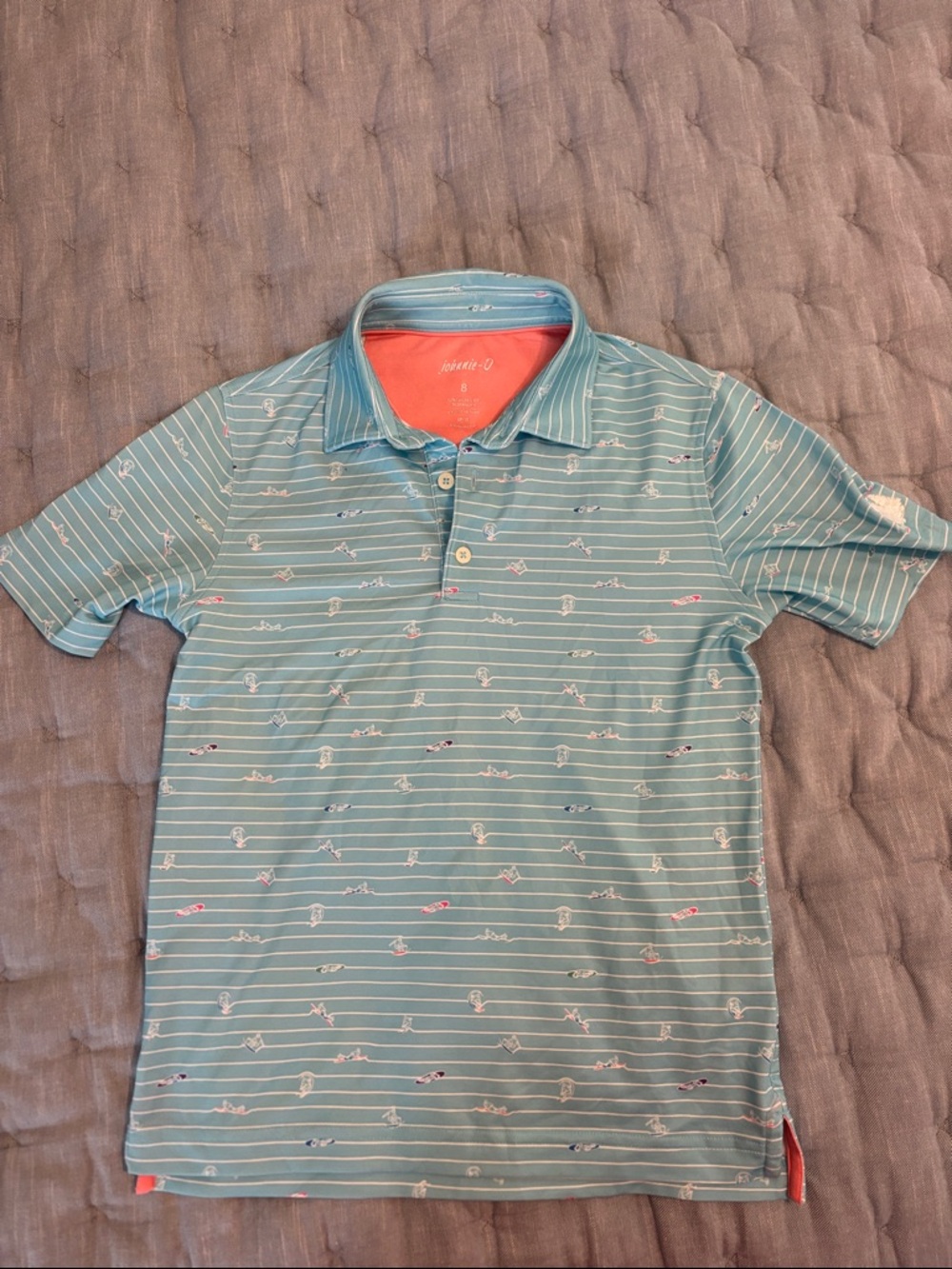 johnnie-O Light Teal Striped Polo with Coral Contrast